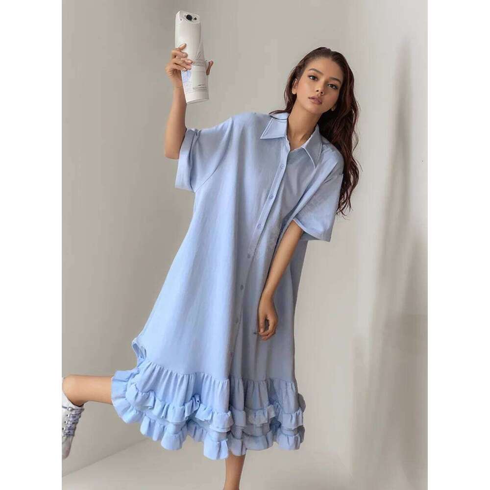 Women Plus Size Casual Summer Spring Short Sleeve Loose Solid Midi Dress Polo Neck Pleated Korean Female Clothing XJ260225