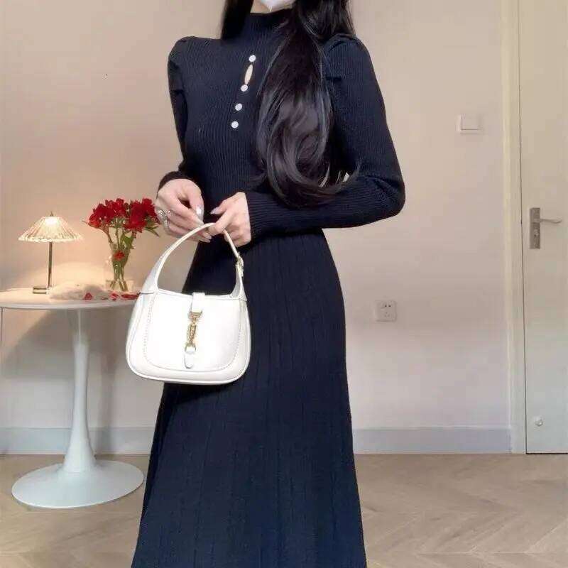 Solid Half High Collar Long Sleeve Jersey Dress Elegant Fashion Harajuku Slim Fit Female Clothes Casual Sweat All Match Dresses XJ260225