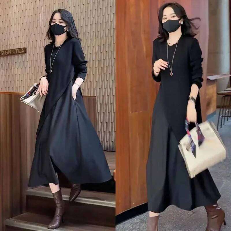 Spring New Women's Temperament Casual Round Neck Fake Two-piece Dress Breathable Slim Long-sleeved Mid-length Skirt XJ260225