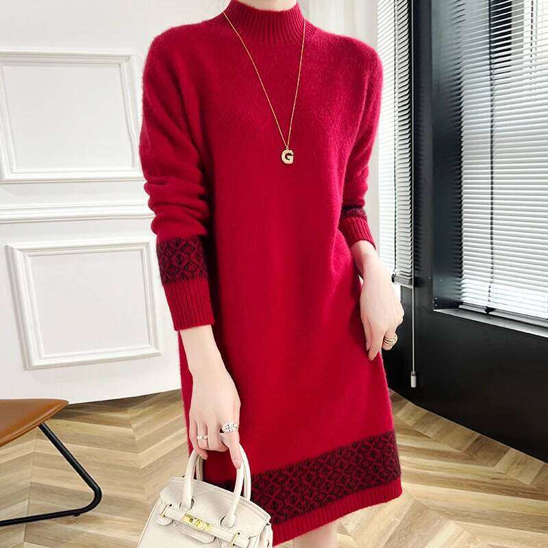 100% Merino Wool Fashion Color-Blocked Knit Half-Turtleneck Sweater Cashmere Long Sleeves Leisure Soft Warm Women's Clothing Top XJ260225