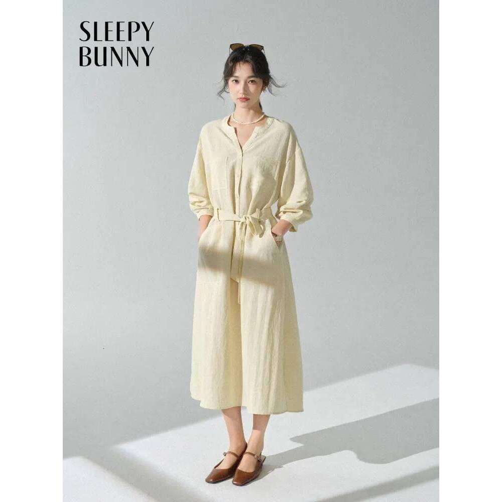 Women Elegant V Neck Shirt Lady Relaxed Tie Waist Midi Dress Casual Early Spring Long Sleeve Commuter Outfit Daily Wear XJ260225