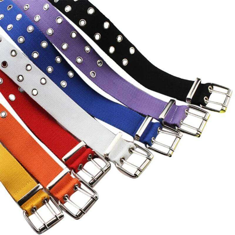Women Studded Grommet Hole 2 Row Pin Buckle Canvas Nylon Belt Waistband 105cm Y260225