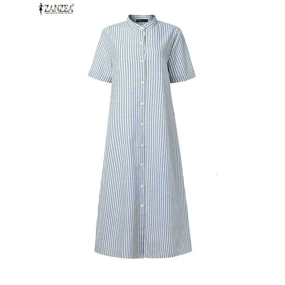 ZANZEA Women's Casual Striped Midi Dresses Stand Collar Short Sleeve Buttons Shirtdress Spring Summer Holiday Woman Clothes 3XL XJ260225