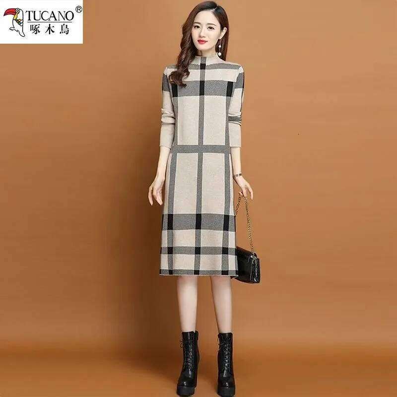 2025 Autumn/Winter New Knitted Dress Over Knee, Half High Neck, Loose Coat, Woolen Dress, Medium to Long Style Pullover Sweater XJ260225