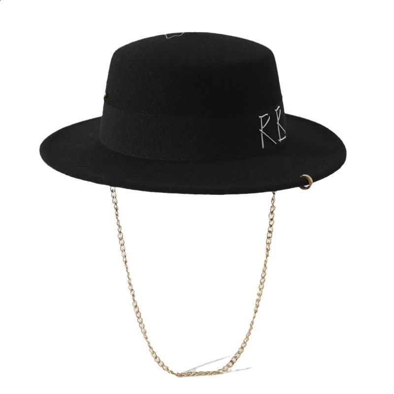 French Style Fedora Hat for Women 10CM Wide Brim Flat Top Felt Hat Fashion Metal Chain Derby Wedding Jazz Hats 250912