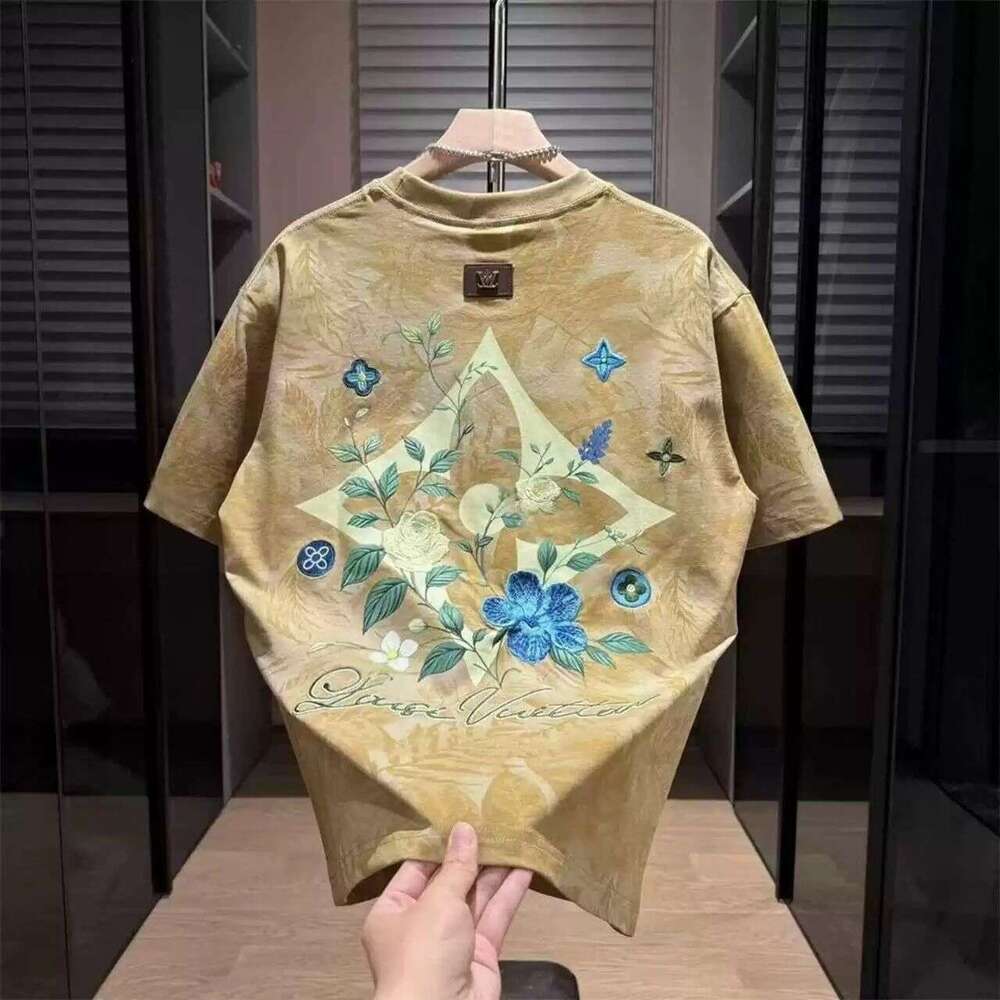 Summer Old Money Style Plant And Floral Foam Print Top, Casual Fashion Trendy Brand Men's Short-Sleeve High-End T-Shirt