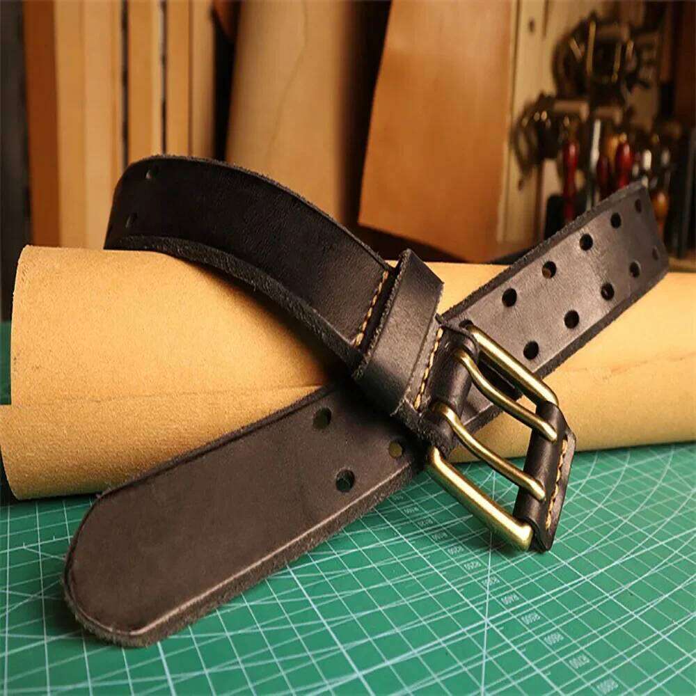 Retro Style Hollow Out Italian Genuine Leather Men's Double Pin Brass Buckle Belt 38MM Width Y260225