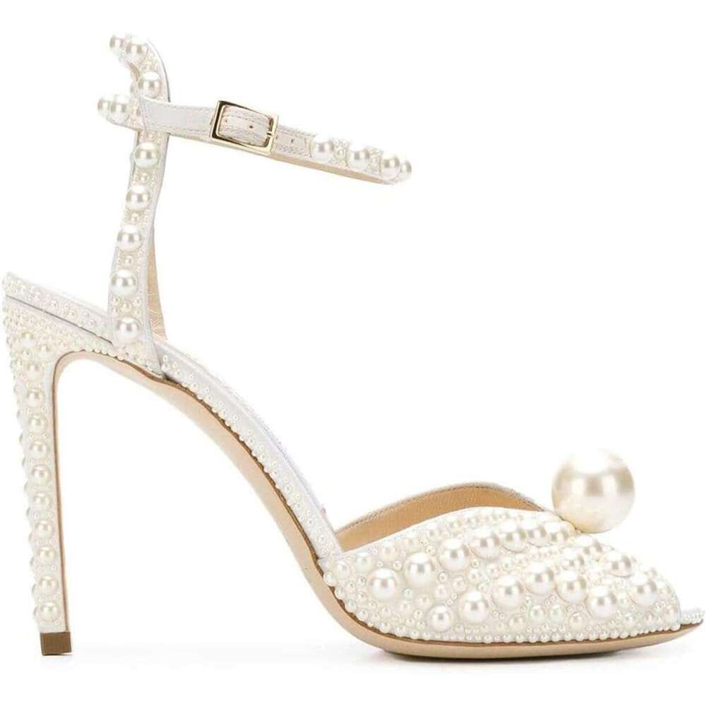 Womens Peep Toe Stiletto Heeled Sandals Shiny Pearl Buckle Ankle Strap Wedding Pumps Dress Evening Bride Bridal Shoes