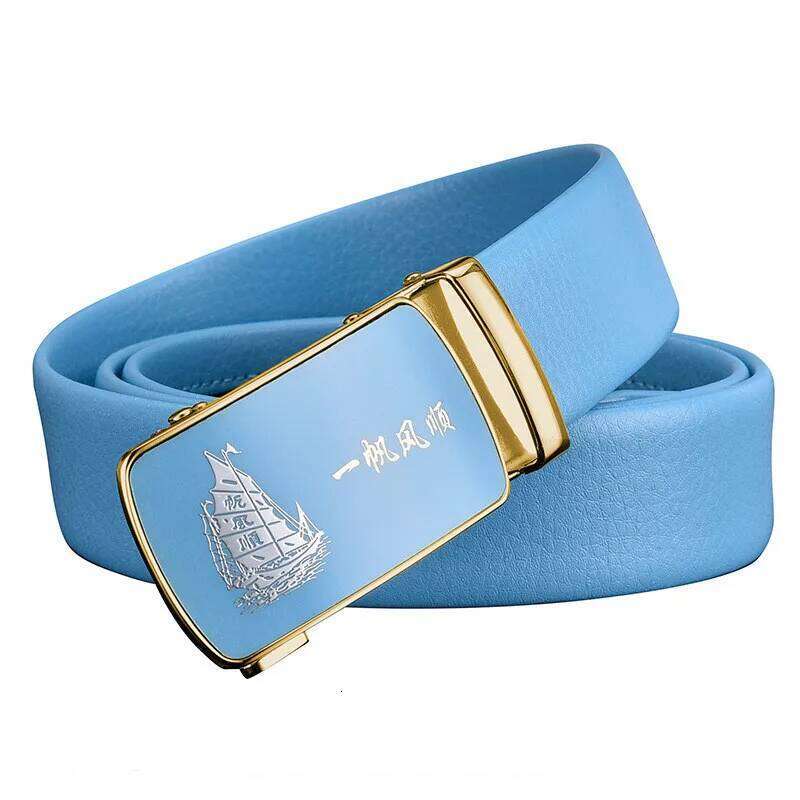 Men and Women Sky-blue Automatic Buckle 2024 New Fashion Male Business Leisure Belt Bandwidth 3CM & 3.5CM Y260225