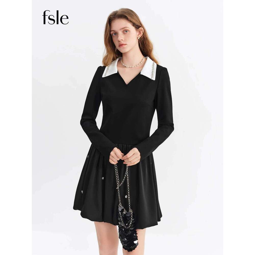 FSLE Beaded French-style Mini Black for Women Long Sleeve V-neck 2026 Early Spring New Style Elegant Annual Party Dress XJ260225