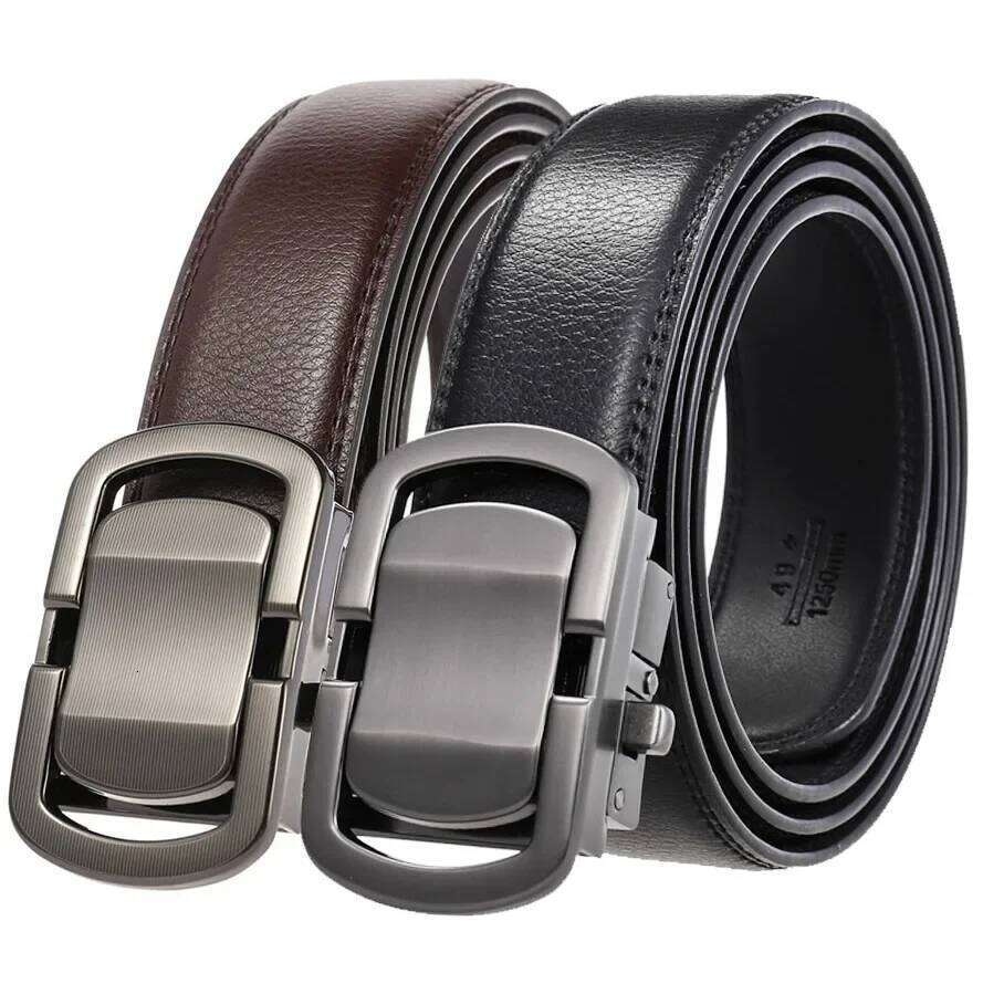 Men's Novel Automatic Buckle Belt - Genuine Cowskin Leather, 3.5cm, Business Style, Size 150-200cm Y260225