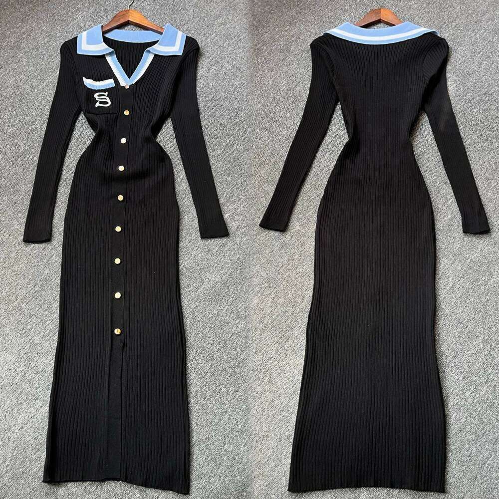 YuooMuoo 2025 Autumn Winter Women Knitted Brand Fashion Aesthetic Turn-down Collar Bodycon Sweater Lady Office Dress XJ260225