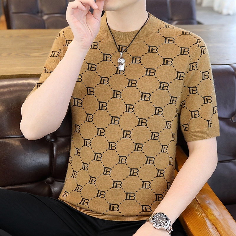 Luxury Luxury Designer Clothes Mens Short-Sleeved Knit Sweater Spring And Autumn Trendy Slim-Fit Round-Neck Half-Sleeve Base Shirt Casual Versatile Wa