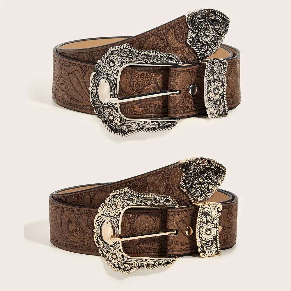 Western Brown PU Leather Vintage Female Cowgirl Waist Belt with Metal Caved Buckle 3set Designer Belts For Women Jeans Y260225