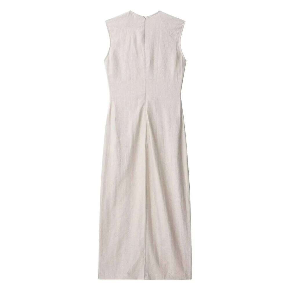 Elegant Linen Blend Belted Sleeveless Midi for Women Office Workwear Summer Vest Dress XJ260225