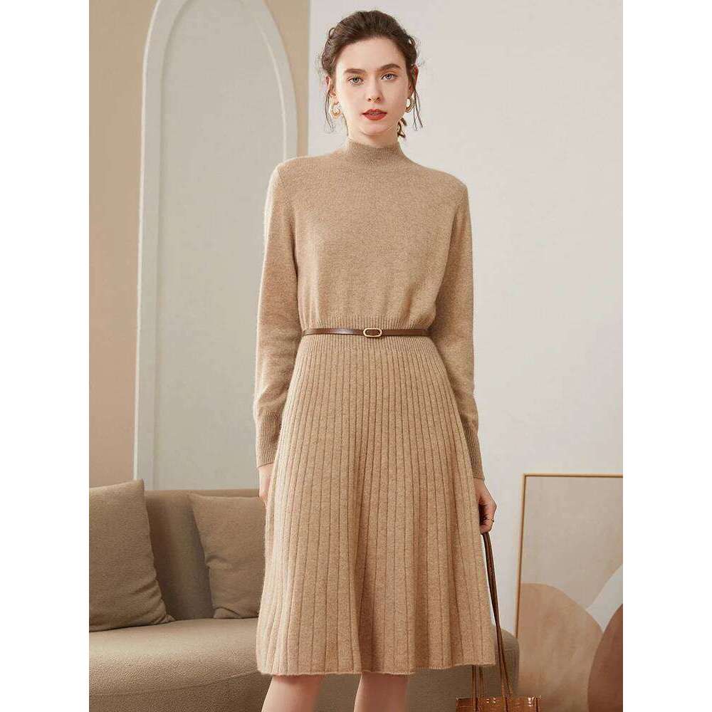 100% Pure Cashmere Pulllover Swearter Dress Women Autumn Winter Half High Collar Pleated High-end Elegant Slimming Knitted Skirt XJ260225