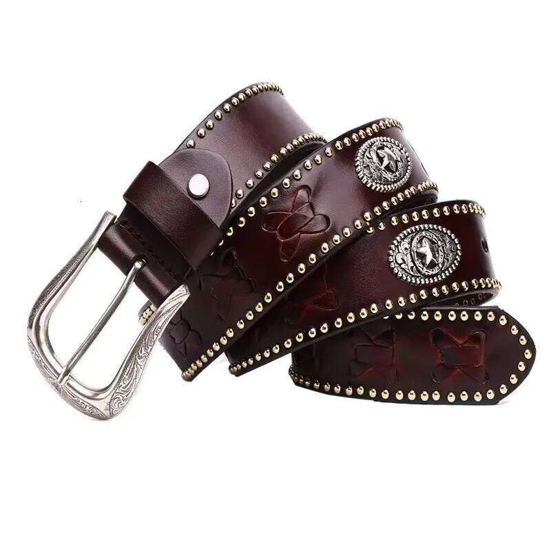 3.8CM Metal Rivet Luxury Designers Men Punk Cowskin Genuine Leather Belt Male Rock Hip Hop Strap Waist Y260225