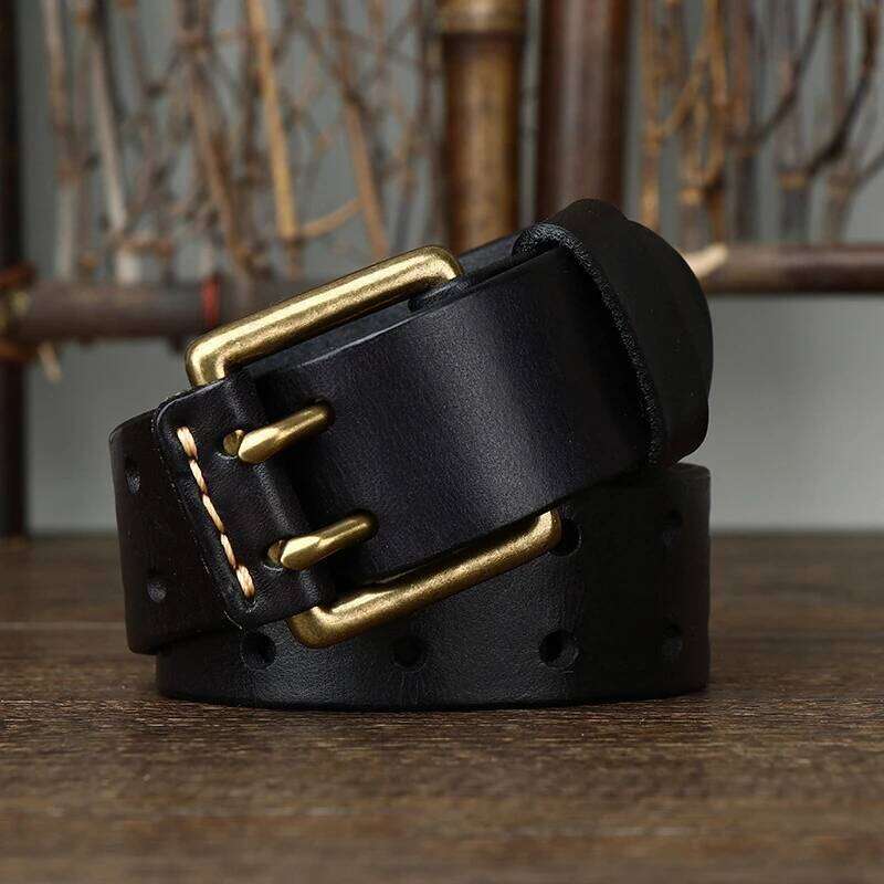 Men's Leather Double Needle Buckle Classic Tow Row Hole Jeans Belt Cowboy Hollowed Out Waistband Width:3.8cm Length:105-125cm Y260225