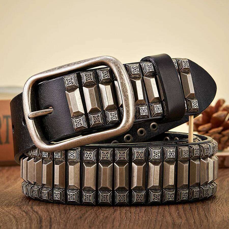 New Cowboy Motorcycle Jeans Heavy Metal Rivet Belts For Men Genuine Leather Belt Punk Rock Male Strap Ceinture Homme Y260225