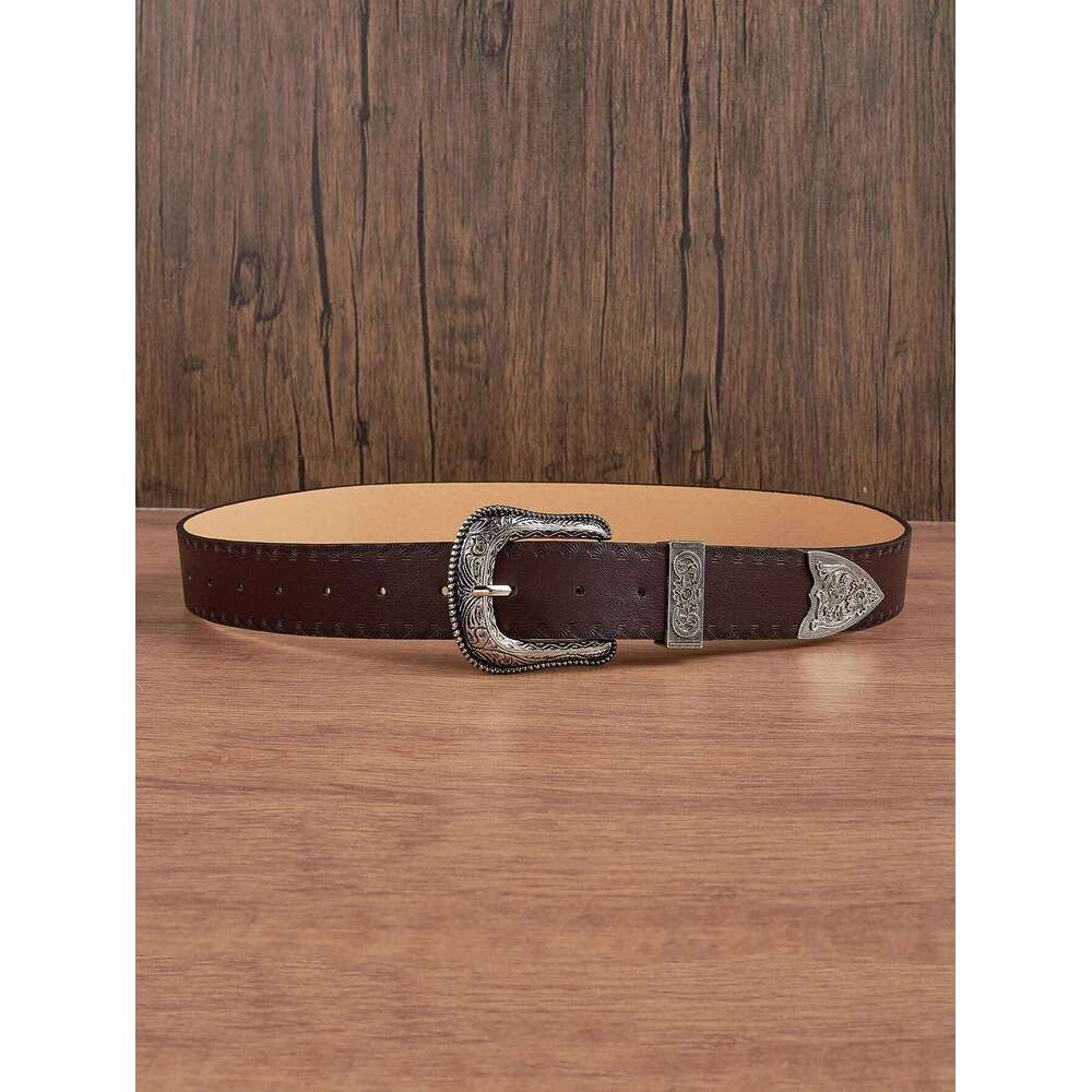 1pc Men's Western Style Distressed Pattern Leather Belt, Versatile Accessory For Jeans Y260225
