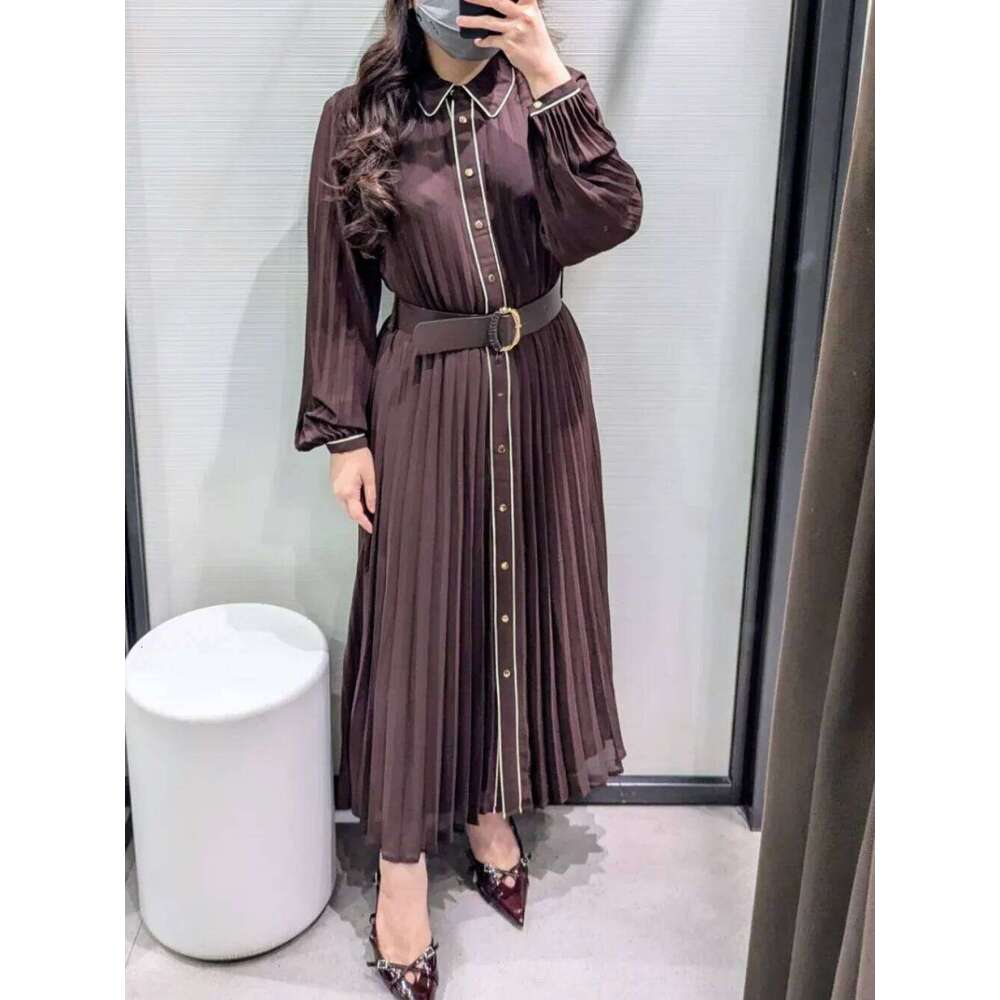 Pleated Effect Elegant With Belt Sleeve Midi For Women Solid Long Dress Temperament New Women's Dresses XJ260225