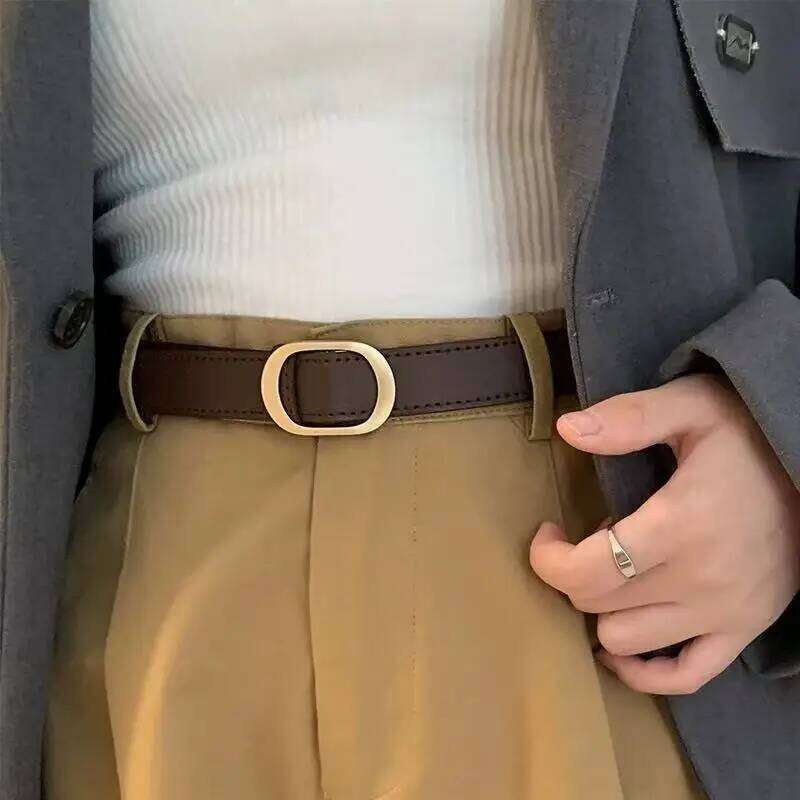 Korean retro metal buckle women; ins jeans with no holes; versatile and simple belt for students; popular trend. Y260225