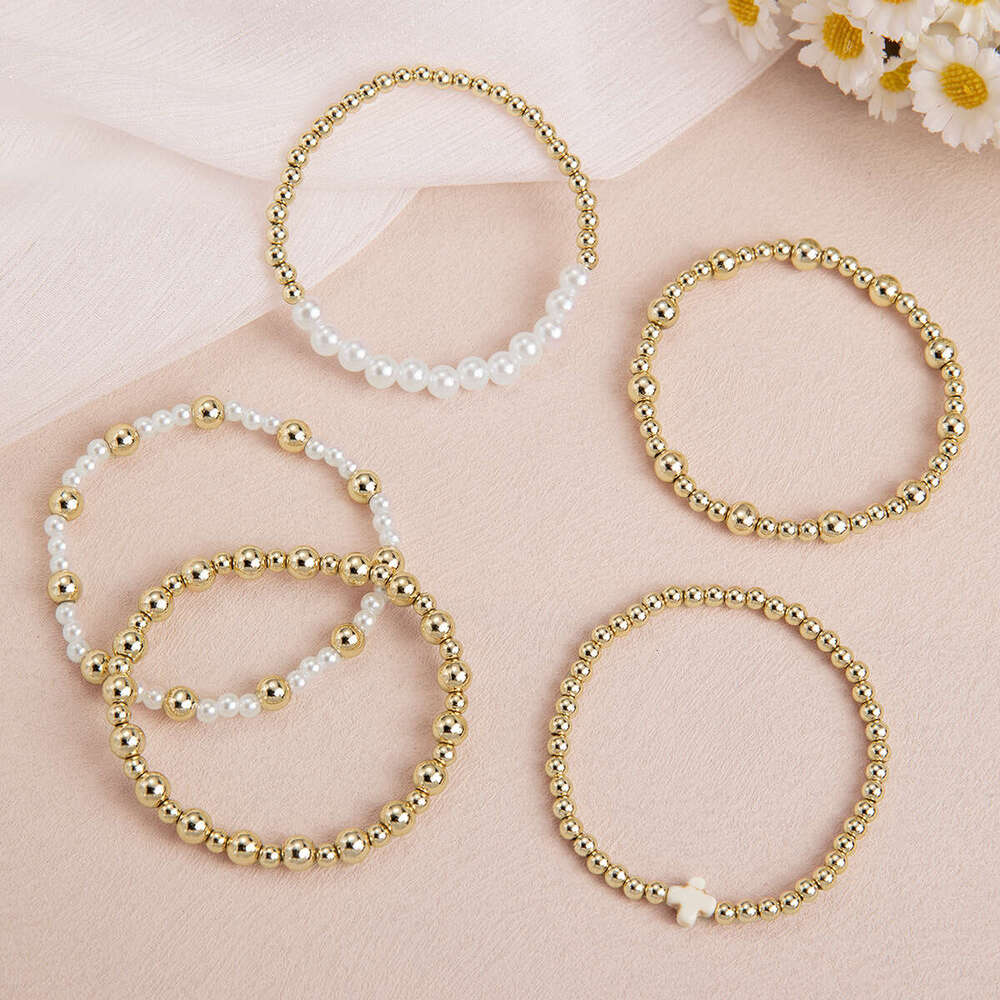 Designer jewelry Charm Bracelet Gentle Pearl and Metal Bead Set for Women Strand Stacking Bracelet Pearls Interlaced with Gold Beads Cross Decoration 