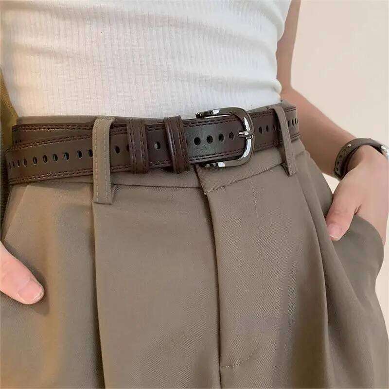 RICYGVM Jeans Pant Belt For Women Full Hole Leather Belts Fashion Simple Pin Buckle Waistband Black Coffee Students Girdle Strap Y260225