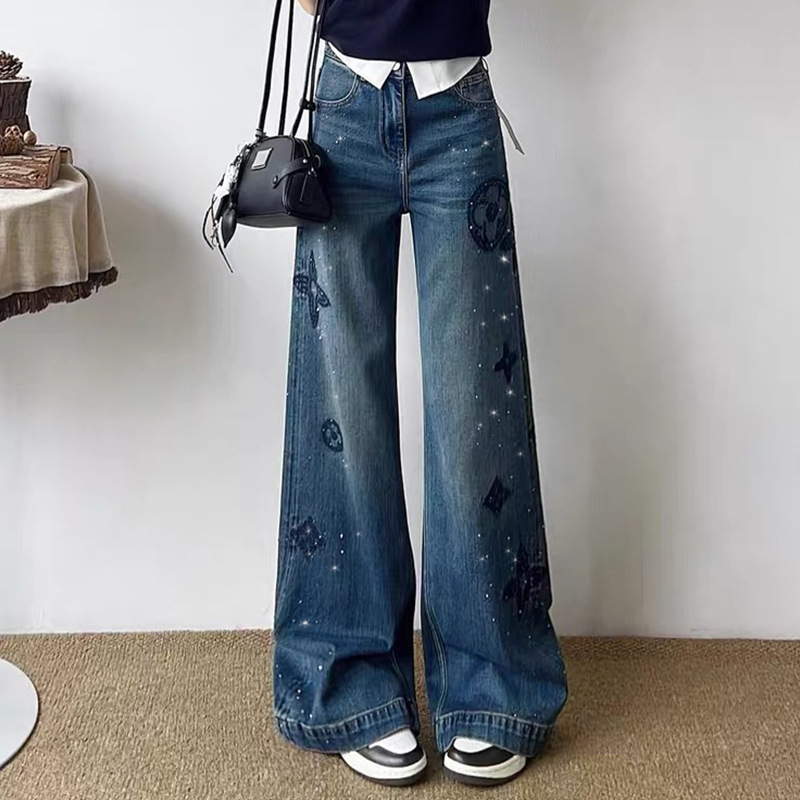 Women's Jeans Spring Autumn Rhinestone-Embellished Straight Leg Slim-Fit Versatile High-End Wide-Leg Jeans