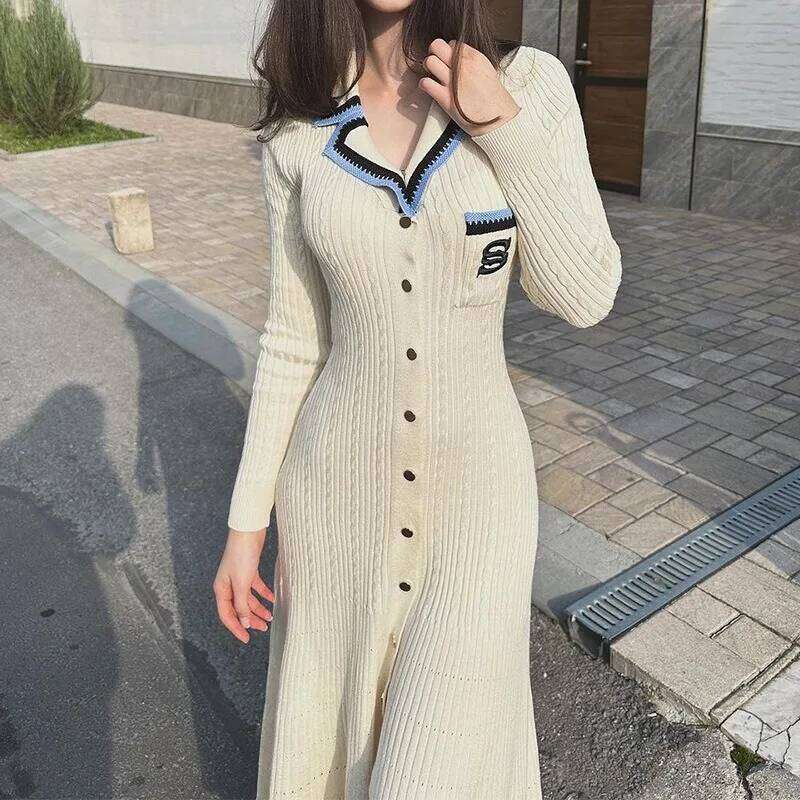 YuooMuoo 2024 Autumn Winter Elegant Knitted Sweater Women Brand Fashion Embroidery Pocket Long Sleeve Shirt Dress Vestidos XJ260225