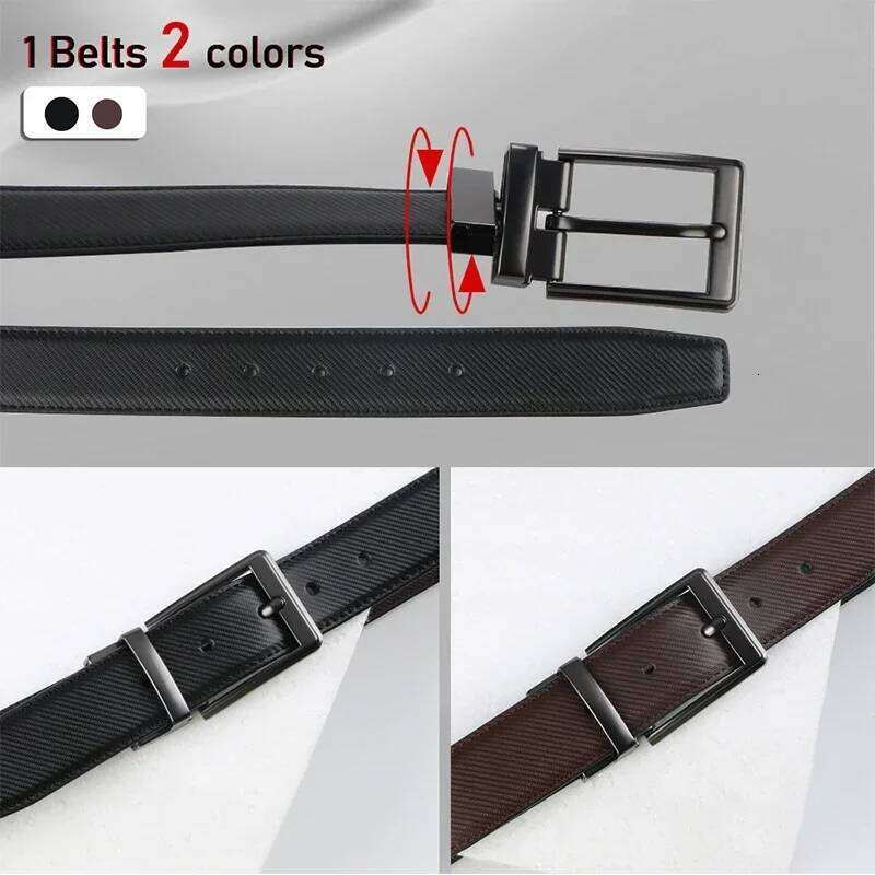 1pcs Men's Leather Reversible Belt, Rotate Black Buckle Y260225