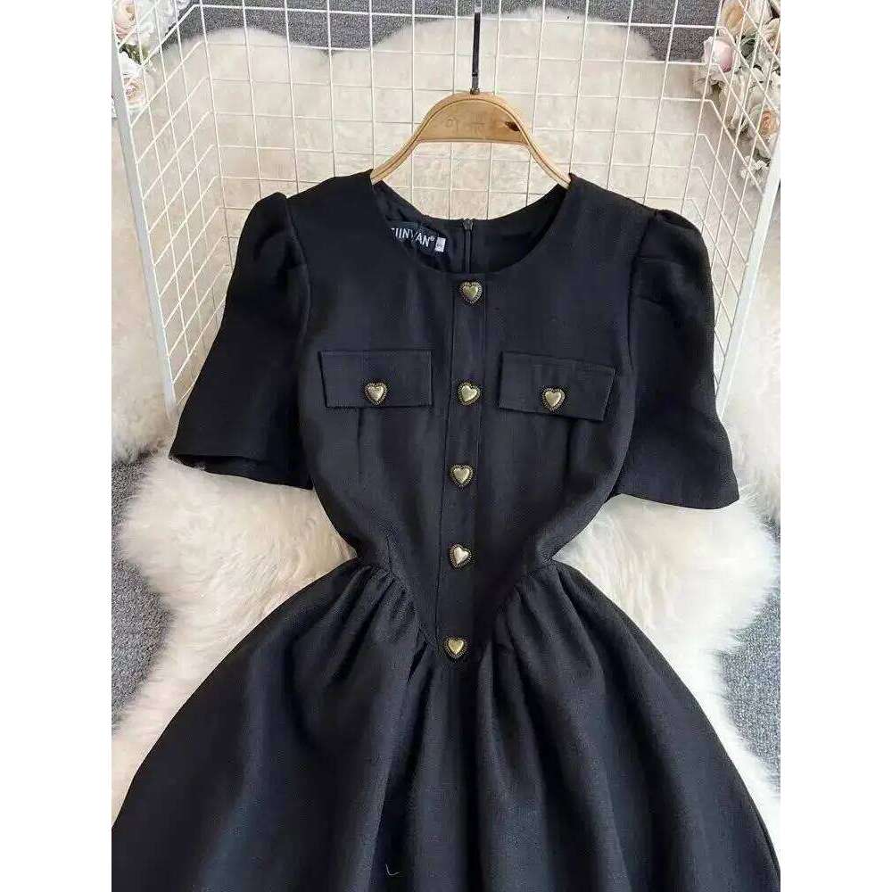Summer Autumn Black Sundress Short Midi Party Dress Women Elegant Puff Sleeve Heart Buttons Evening Long Vestidos Quality XJ260225