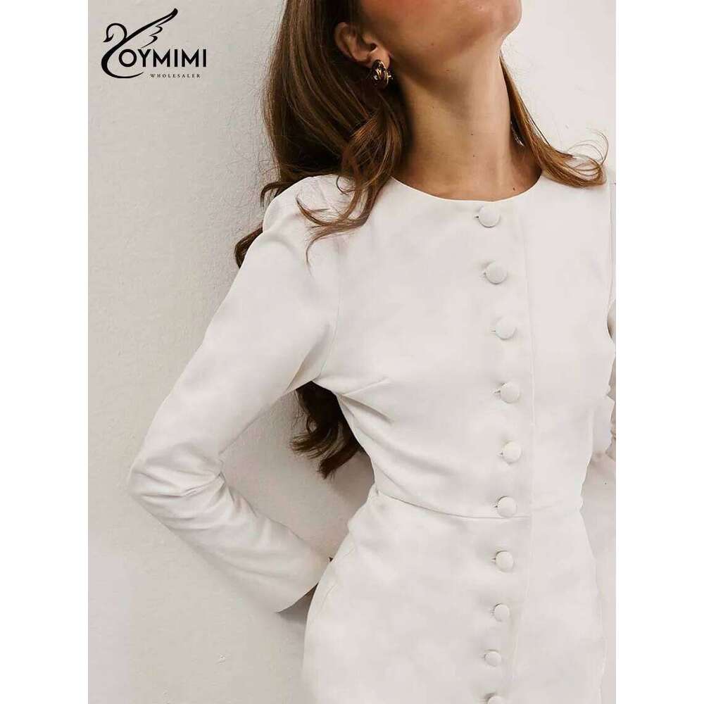 Oymimi Elegant White O-Neck Womens Fashion Wrist Sleeve Single Breasted Dresses Casual High Waisted Ankle-Length Dress XJ260225