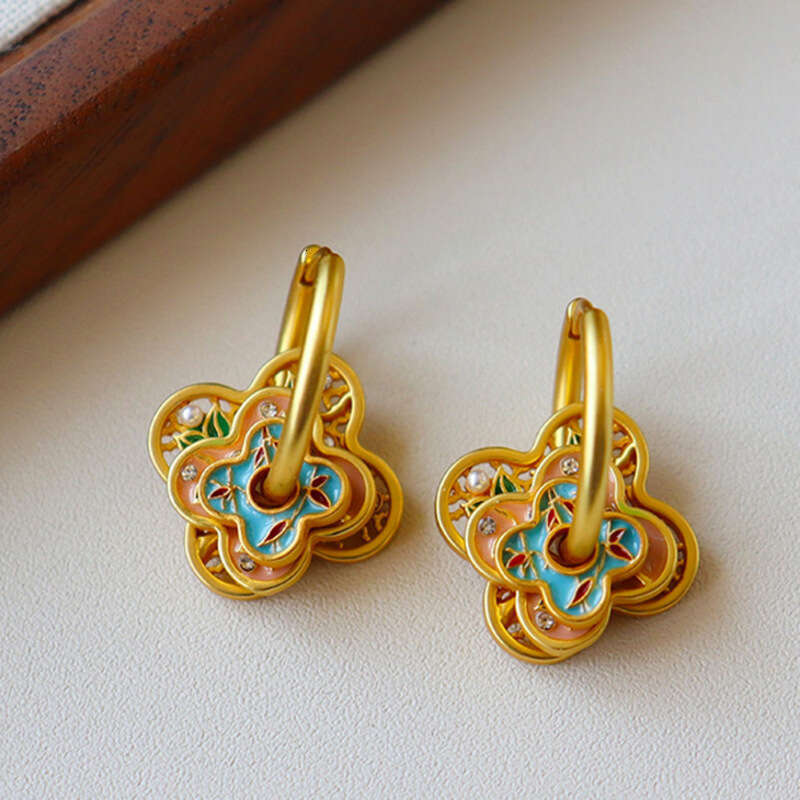 Gold Earrings for Women Exquisite Enamel Four Leaf Clover Huggie Earrings Gold Hollow Floral Zircon Jewelry Free Shipping