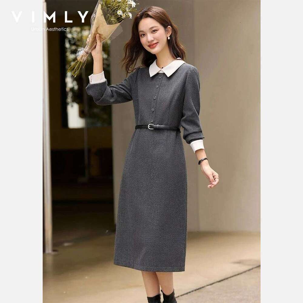 VIMLY Chic Dress for Women Casual Contrast Color A Line Long Dresses 2025 Winter Cuff Buckle Lapel Collar Female Clothing A3391 XJ260225