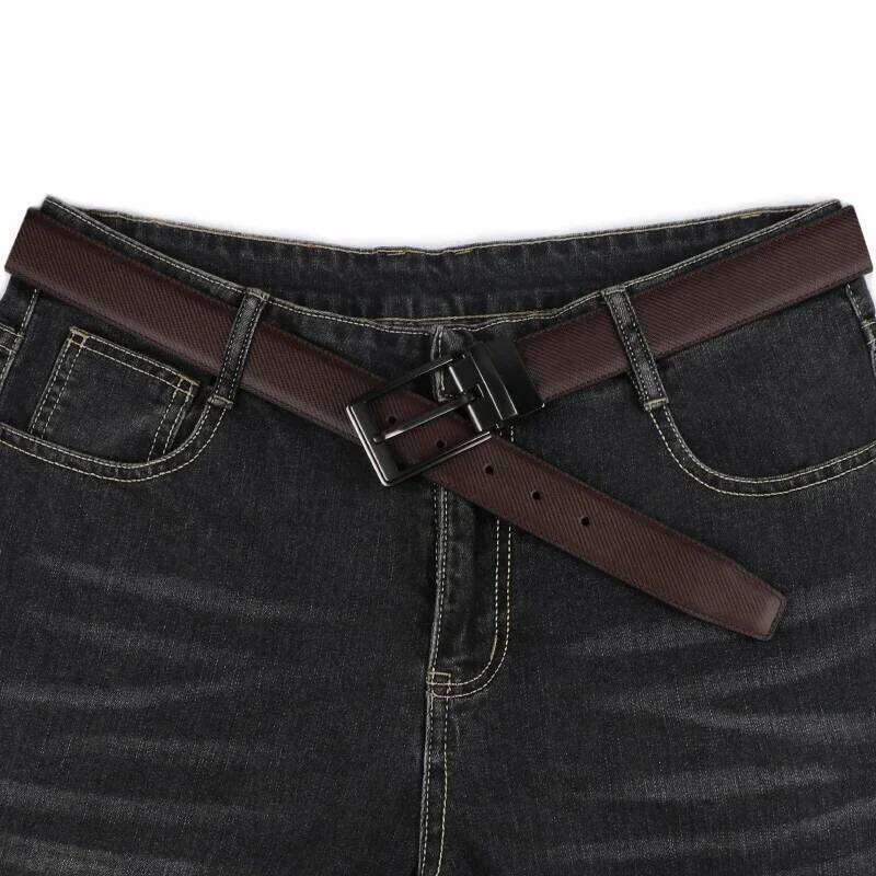 1pcs Men's Leather Reversible Belt, Rotate Black Buckle Y260225