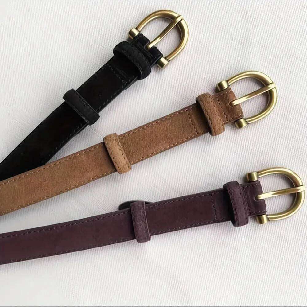 Suede Genuine Leather Belt Women Brown Skinny Waistband Gold Buckle Belts for Casual Jeans and Pants Y260225