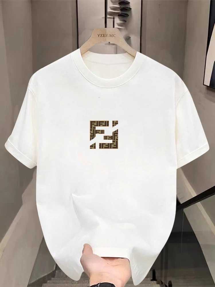 T-Shirt, Geometric Monogram Print with Gold Accents, Heavyweight Combed Cotton Relaxed Drop-Shoulder Crew Neck for Smart Casual WearT260225