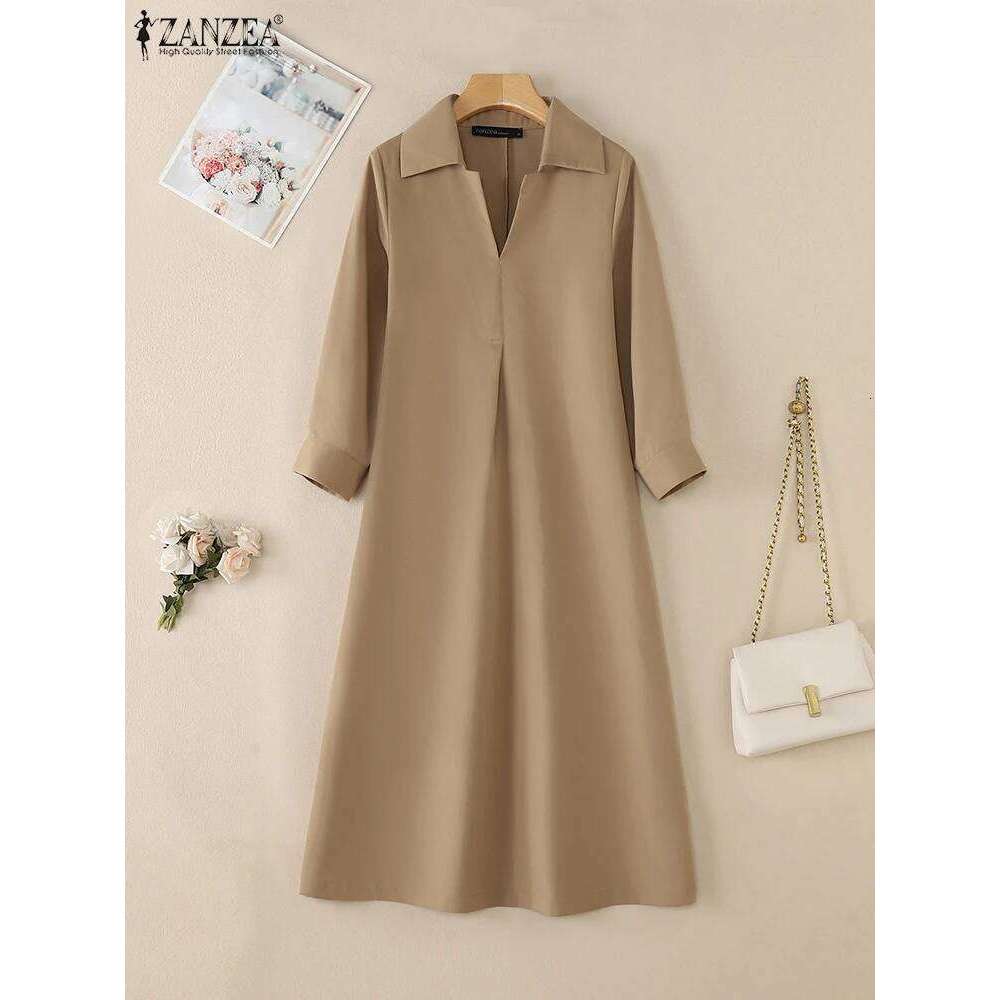 Autumn Spring Shirt Dress ZANZEA Fashion Women Lapel Neck Office Work Dresses Elegant 3/4 Sleeve Midi Sundress Holiday Vestidos XJ260225