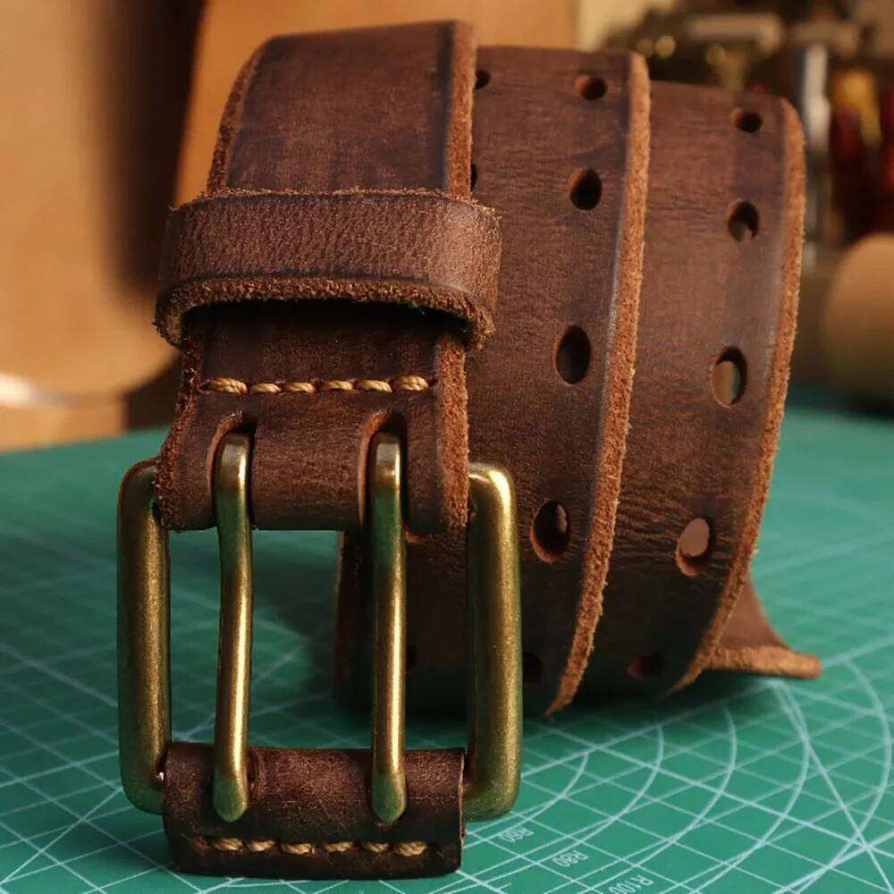 Retro Style Hollow Out Italian Genuine Leather Men's Double Pin Brass Buckle Belt 38MM Width Y260225