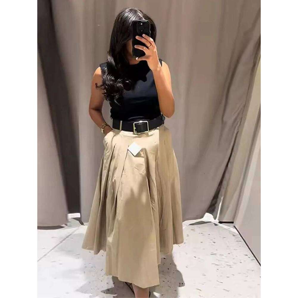 Fashion Patchwork Pleated Long With Belt Women Chic Sleeveless Tank Midi Dress Lady High Waist Holiday Party Dresses XJ260225