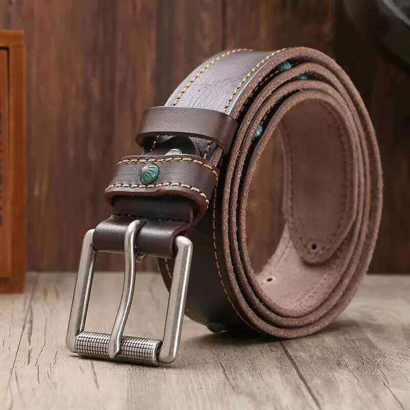 Rivet Retro Men's Top Layer Genuine Leather Pin Buckle Male Hand-sewn Cowskin Luxury Quality Designer Belt Men Y260225