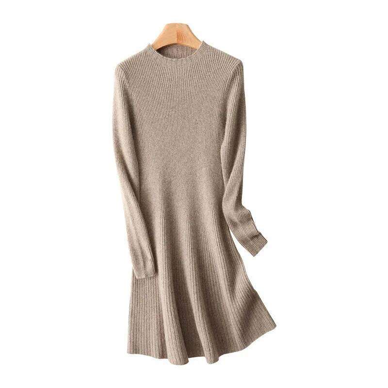Yoyoselect 100% Merino Wool Women's O Neck Mini Length Autumn Winter A Line Slim and Flare Thickened Soft Warm Dress XJ260225