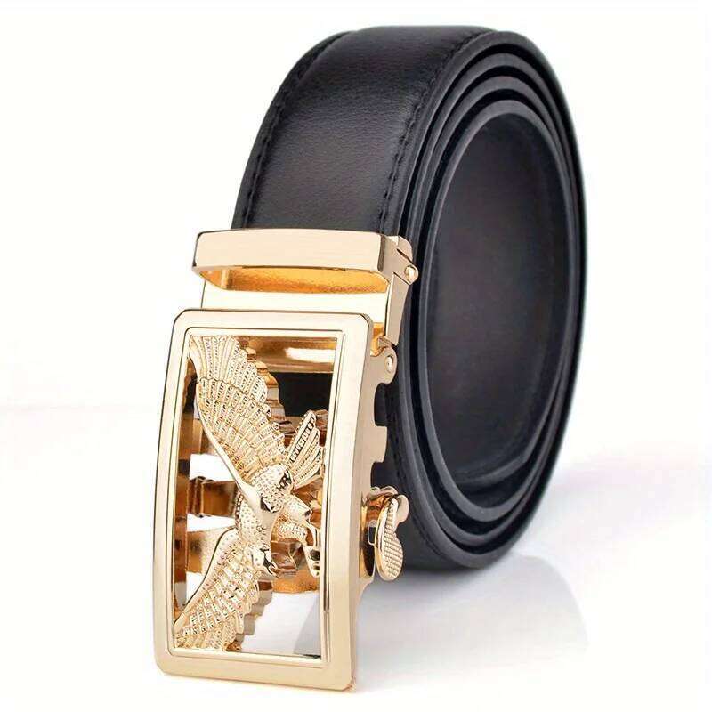 Men's Business Casual High-quality Golden Silver Eagle Pattern Leather Belt with Automatic Buckle Y260225