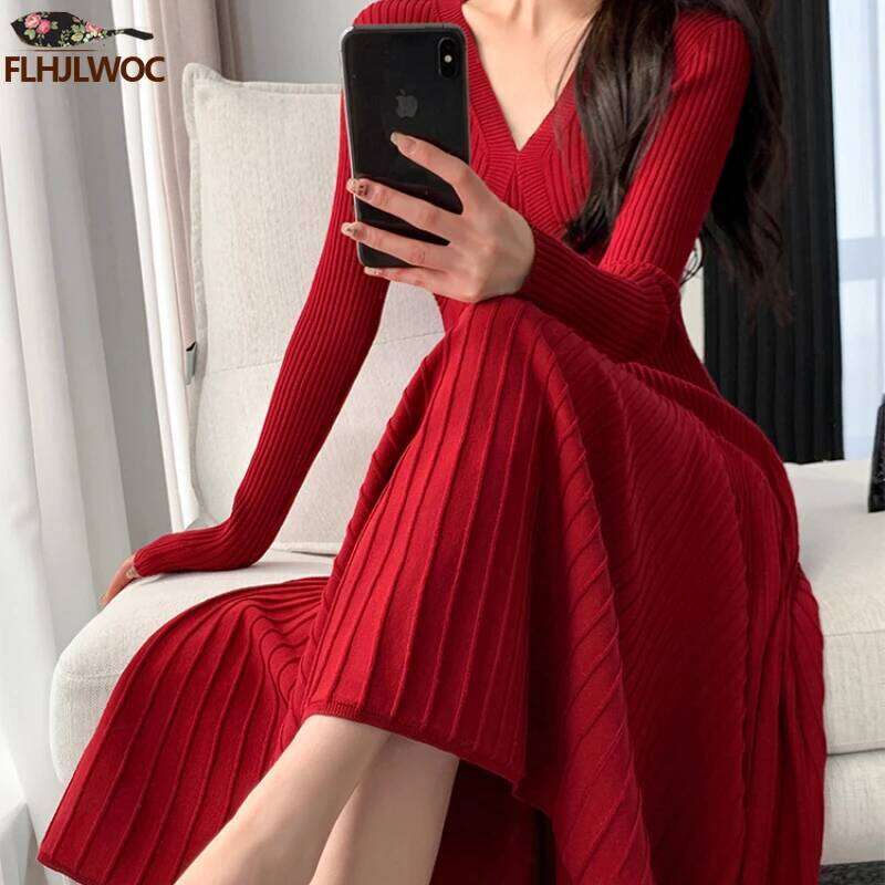 Winter Spring Basic Wear Women New Year Red French Style Design Slim Fit A Line V Neck Knitted Sweater Dress Long Maxi Vestidos XJ260225