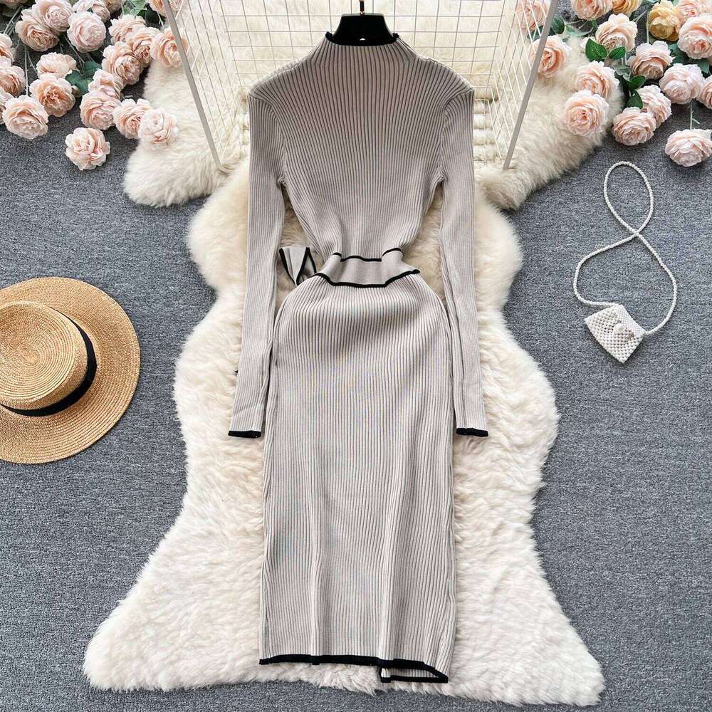 YuooMuoo Elegant Khaki Black Ribbed Knitted Bodycon Long Dress Women Autumn Winter Sash Bandage Streetwear Stretch Lady Dresses XJ260225