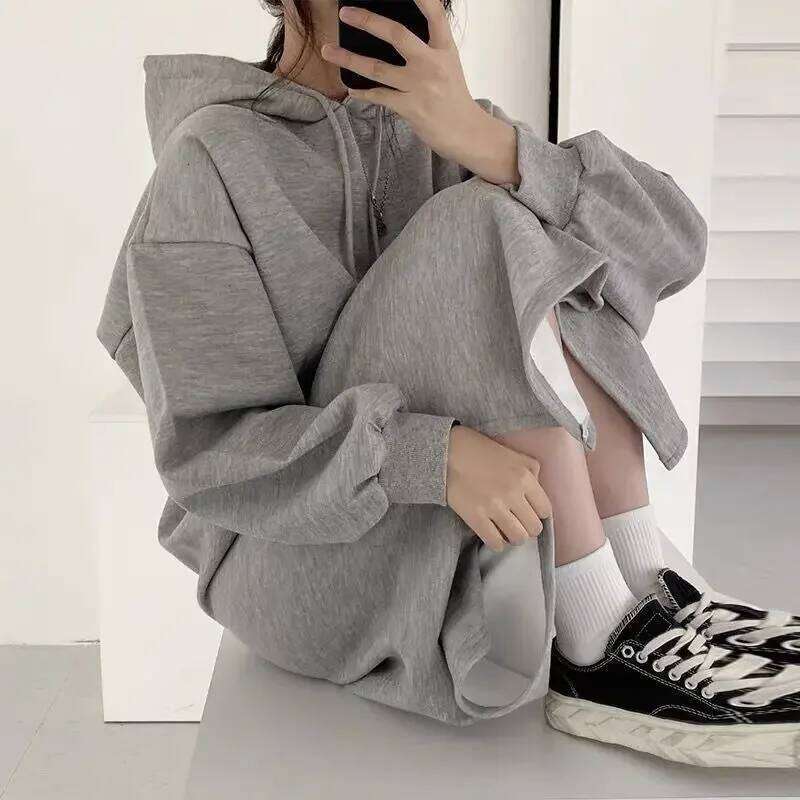 Hooded Dresses for Women Autumn Winter Baggy Plus Velvet Sporty College Midi Simple Korean Style Basic Young Fashion Vestidos XJ260225