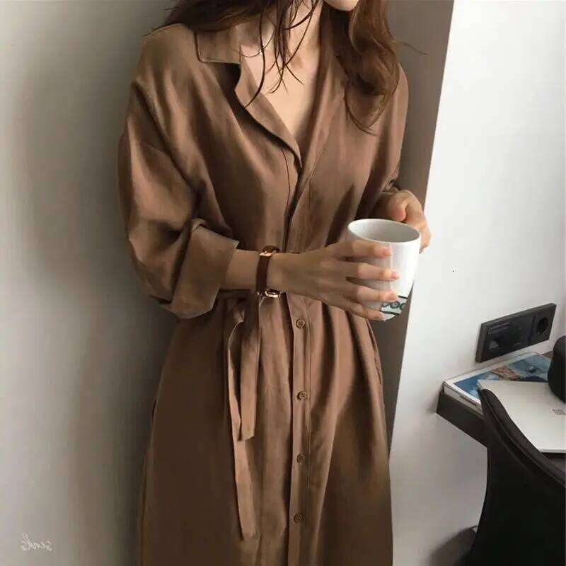 Fashion V-Neck Button Solid Color Bandage Shirt Women's Clothing 2025 Spring New Loose Long Sleeve All-match Casual Dress XJ260225