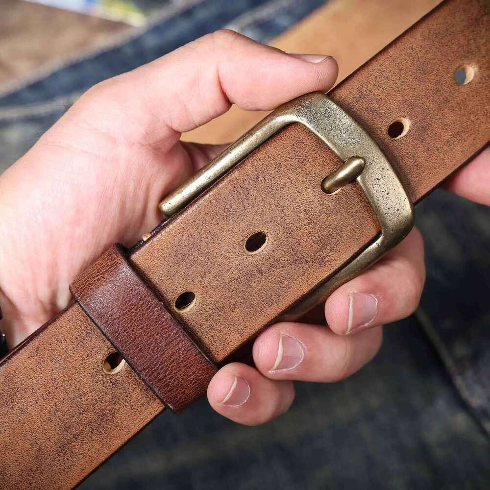 Vintage Genuine Leather Men's Solid Brass Buckle, Casual Pin Buckle Belt With Gift Box, Thickened Italian Cowhide Y260225
