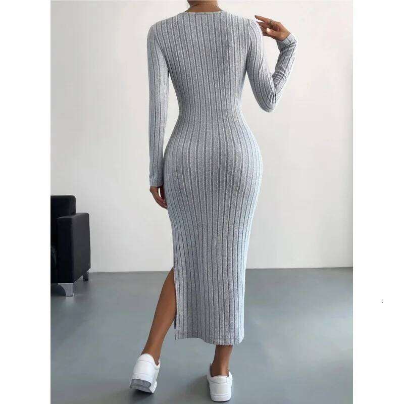Women's Autumn French Plain Stripe Split Long Sleeve Scoop Neck Bodycon Full Length Maxi Casual Dresses XJ260225